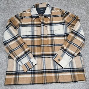 Express Conscious Edit Mens XL Recycled Wool Blend Plaid Shirt Jacket Tan Heavy